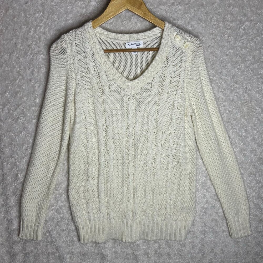 St. John’s Bay Women's Ivory Cable Knit V Neck Sweater Size Small